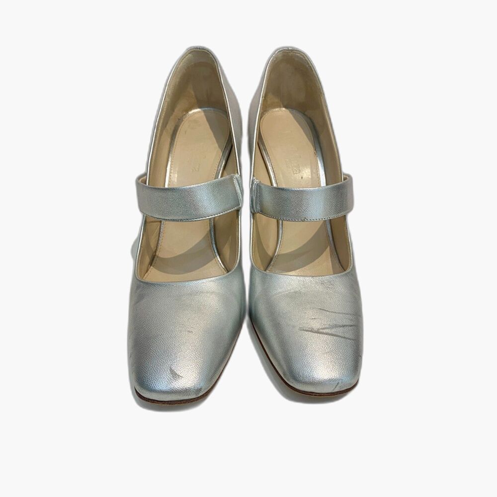 Max Mara Silver Metallic Leather 4" Chunky Heel Mary Jane Pumps